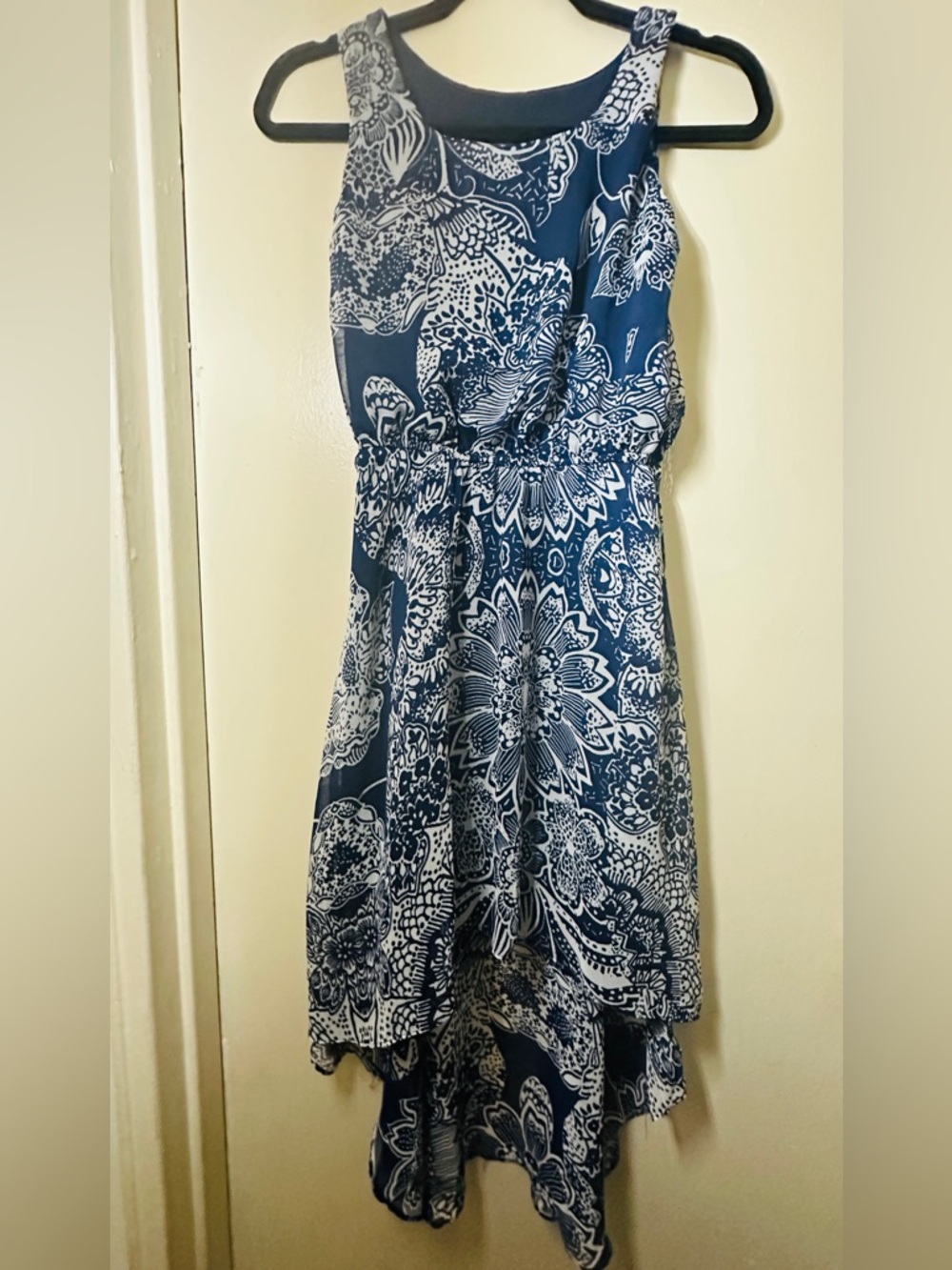 Aqua Navy and White Floral High-Low Dress